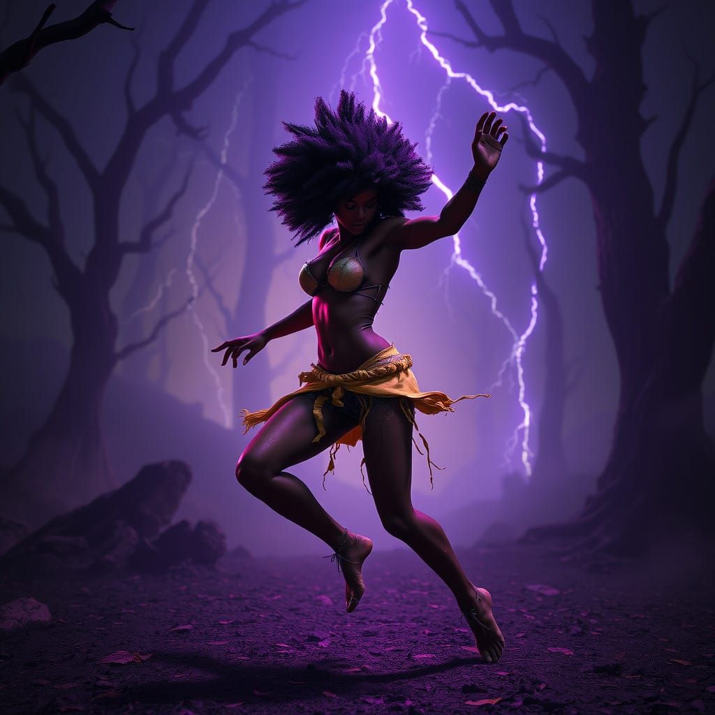 Ethereal Black Goddess Dances in Dark Stormy Forest