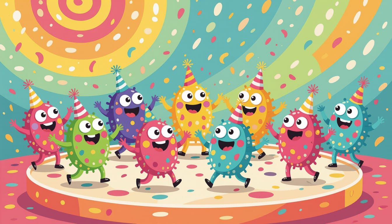 Cheerful Microbes Dance Party in Colorful Petri Dish