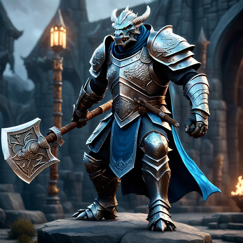 Silver Dragonborn Paladin in Dark Fantasy Concept Art