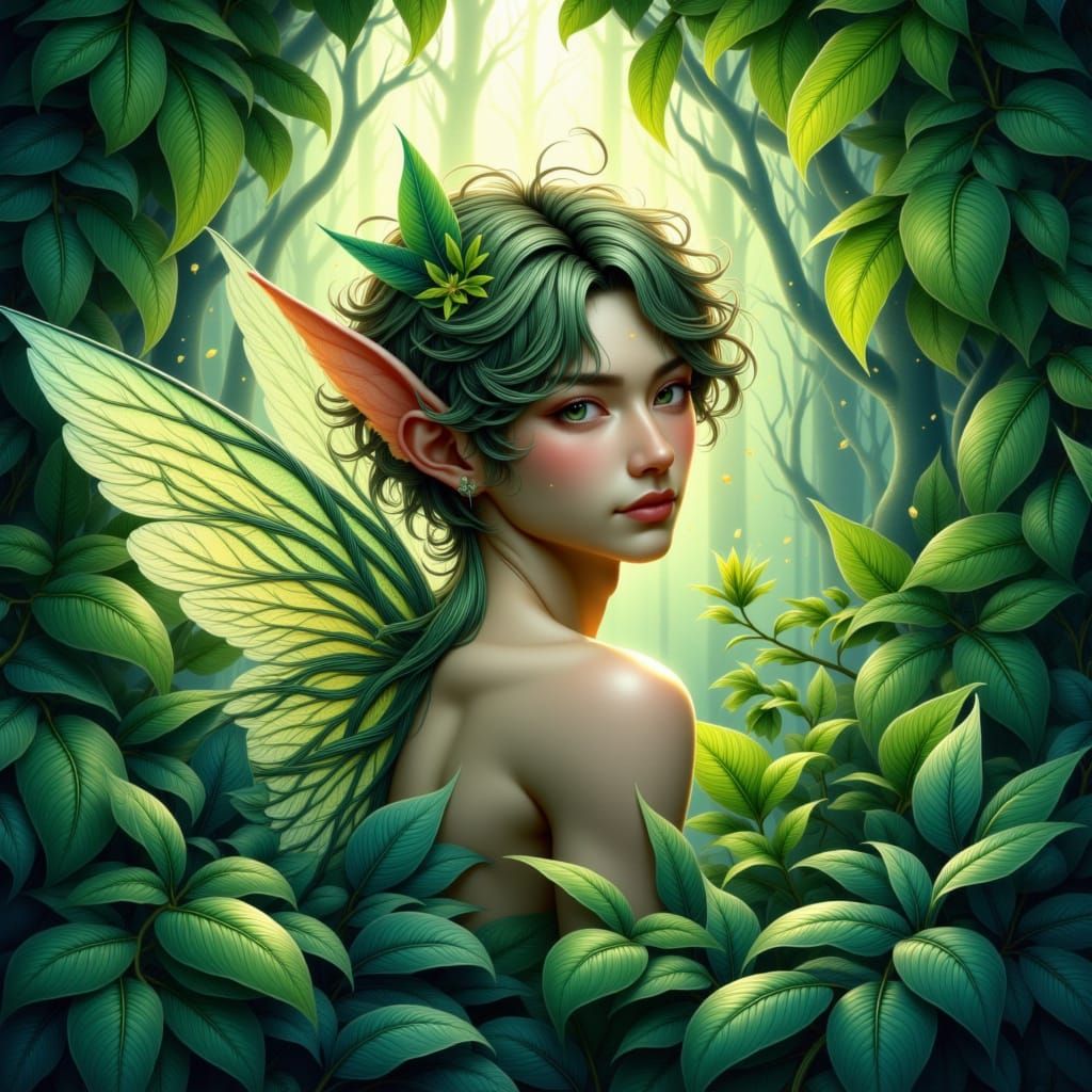 Whimsical Sprite in Lush Emerald Leaves, Art Nouveau Style
