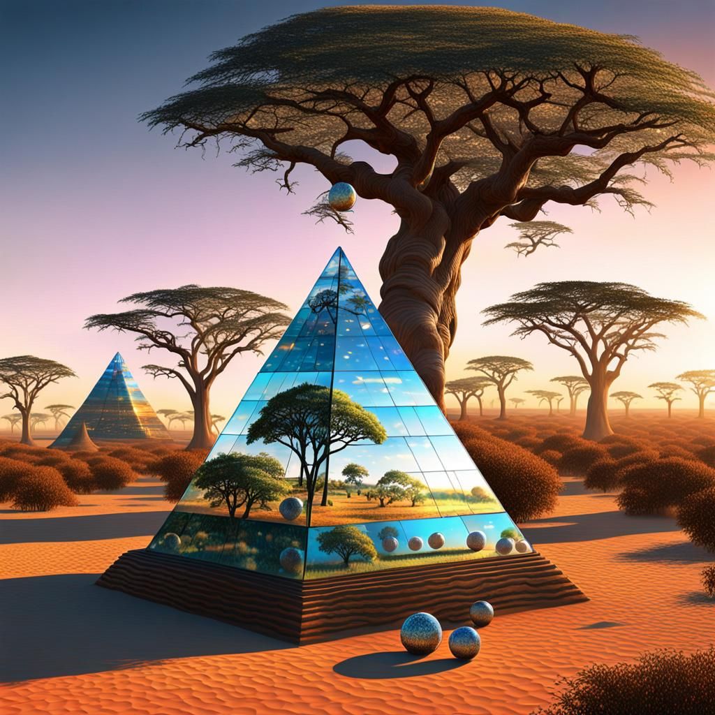 Savanna Morning: Glass Pyramid Reflects Baobab