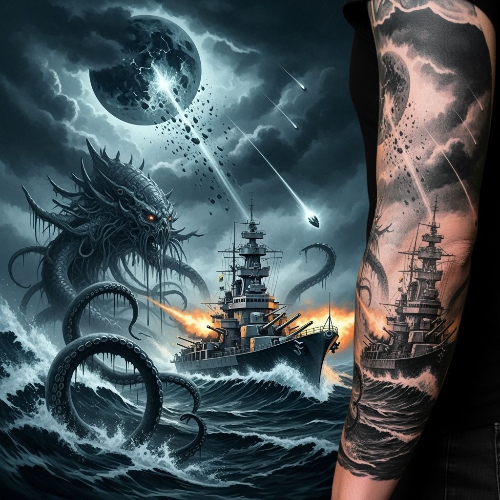 Battleship vs Kraken Tattoo in Black Ink Style