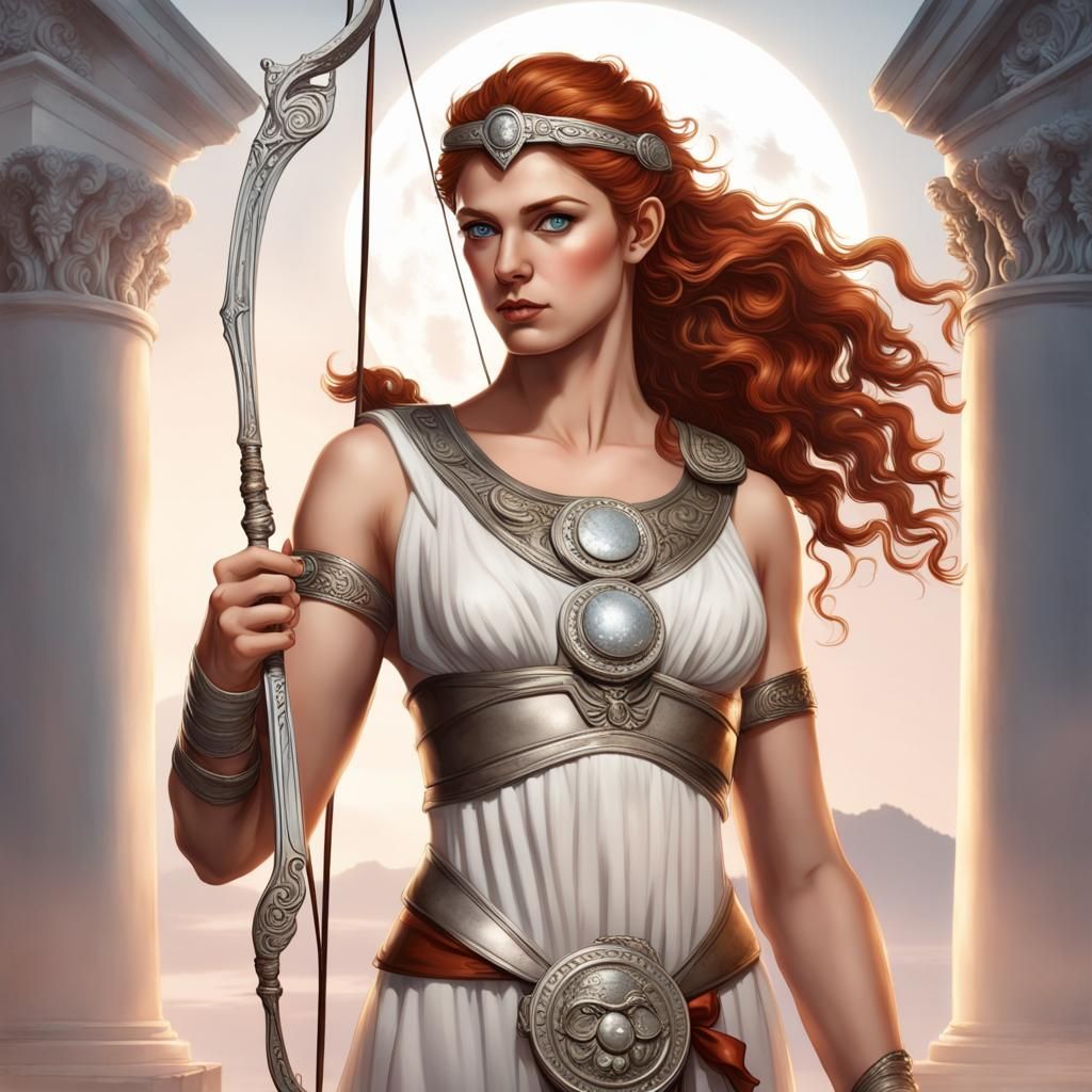Artemis with Silver Bow and Moonlit Background