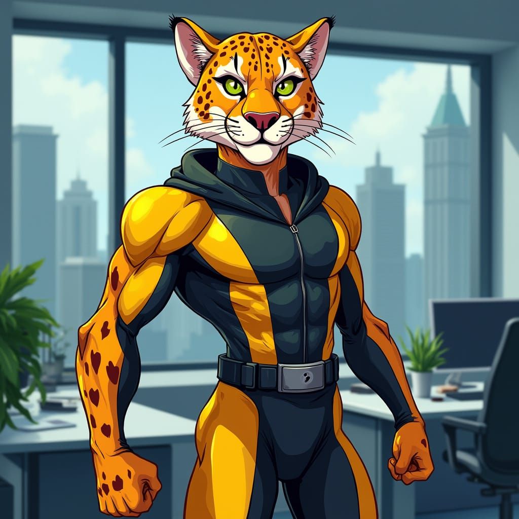 Futuristic Cheetah Hero Stands Tall in Front of High-Tech Of...