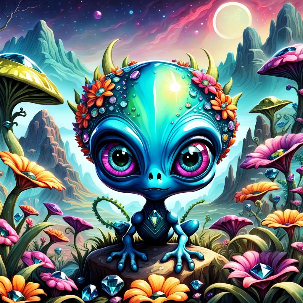 Cute Alien Girl in Cartoon Style With Bling