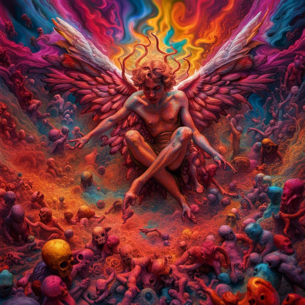 Psychedelic Fallen Angel in Hell, Hyperrealistic Art
