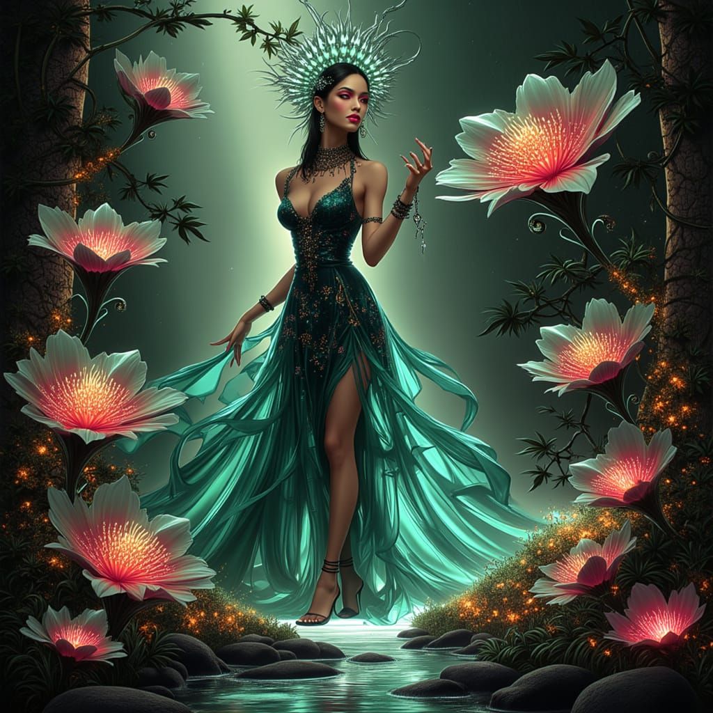Princess in Mystical Glade with Luminous Flowers