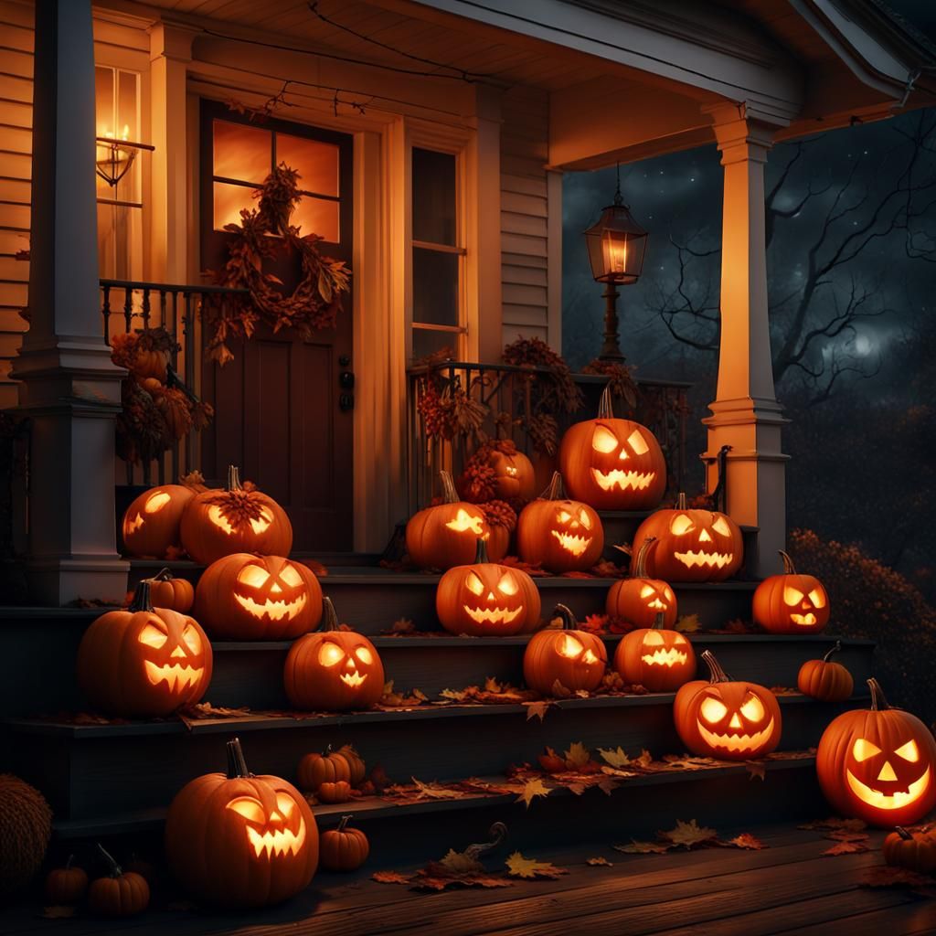 Halloween Pumpkins with Witch Puppet at Night