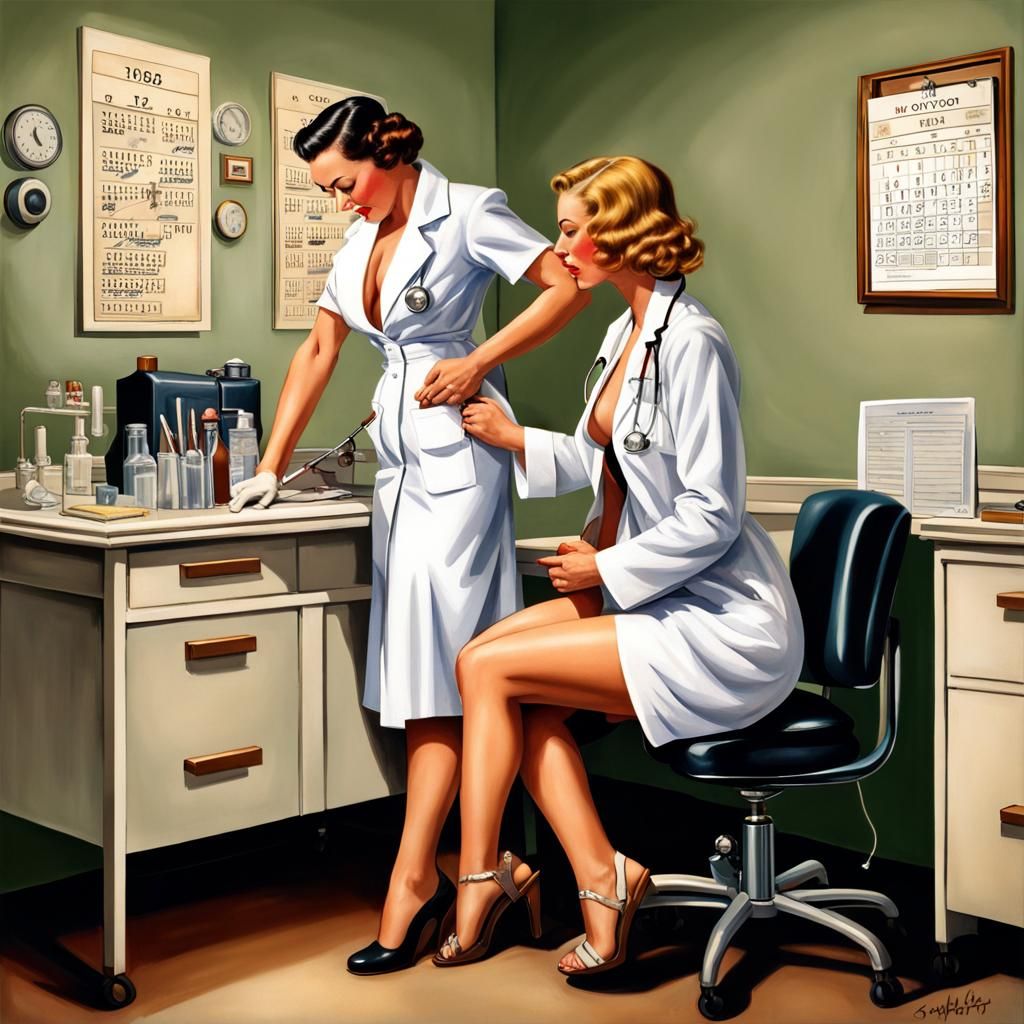 1930s Pin-Up Doctor Visit in Hyperrealistic Splash Art