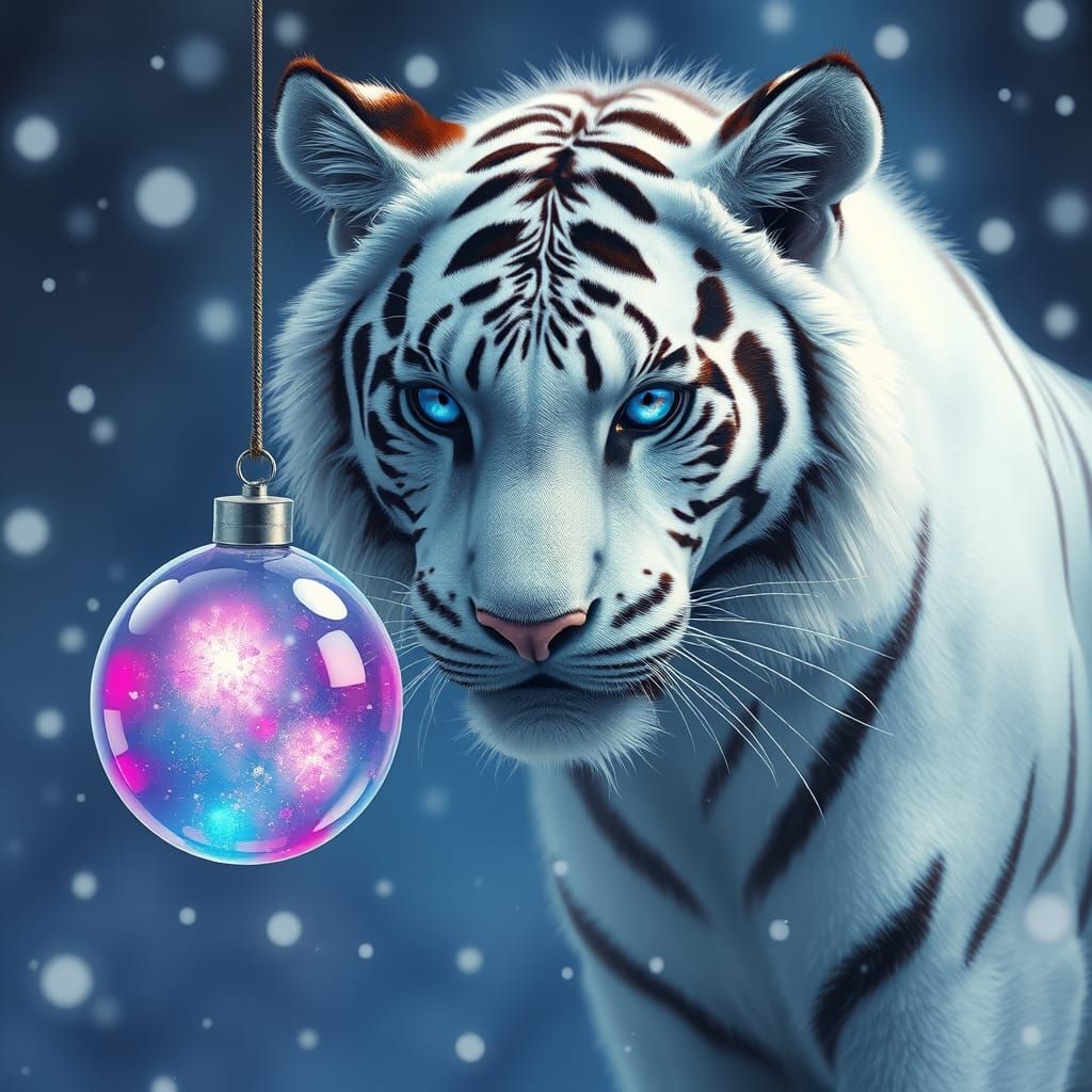 White Tiger Plays with Glowing Glass Orb in Snowy Fantasy Sc...