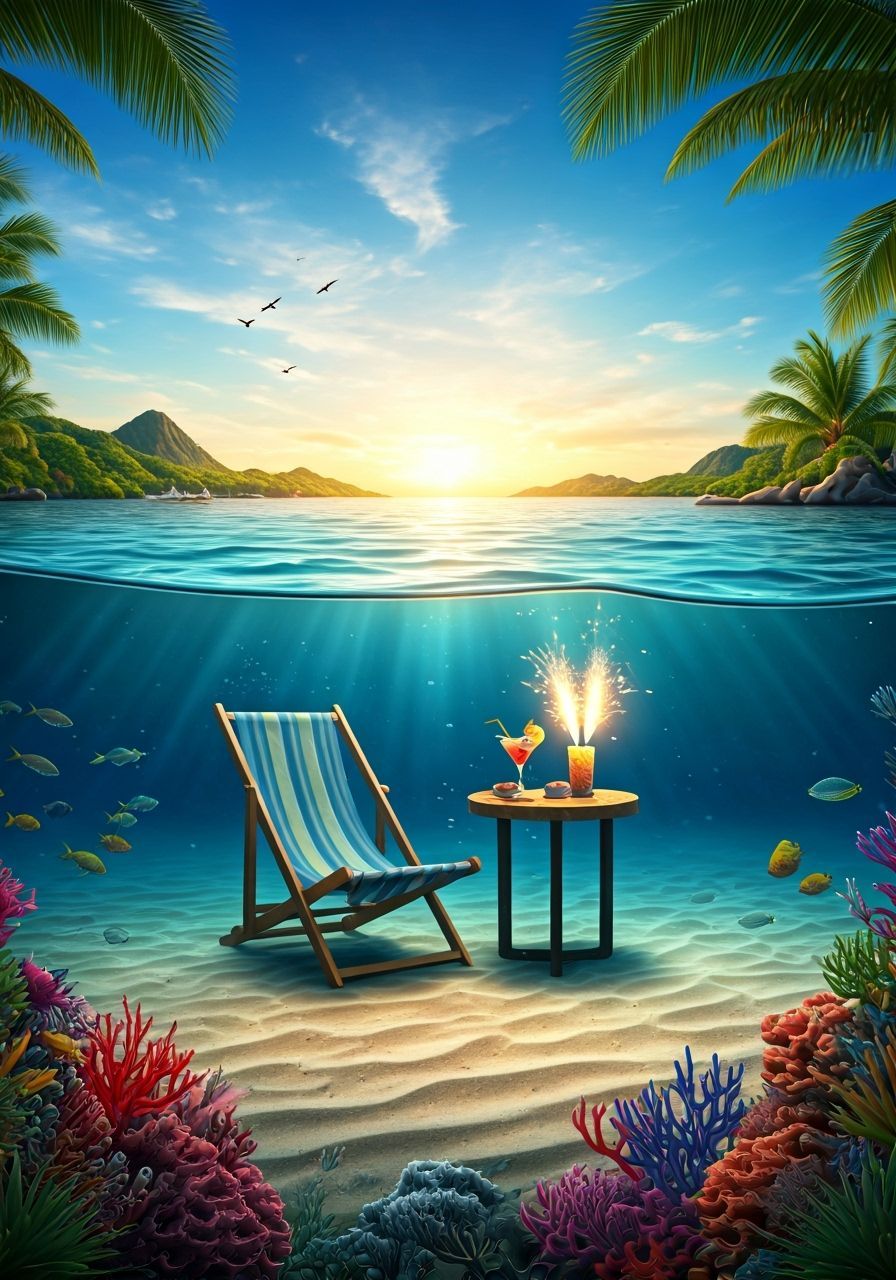 Surreal Underwater Beach Scene with Cocktail