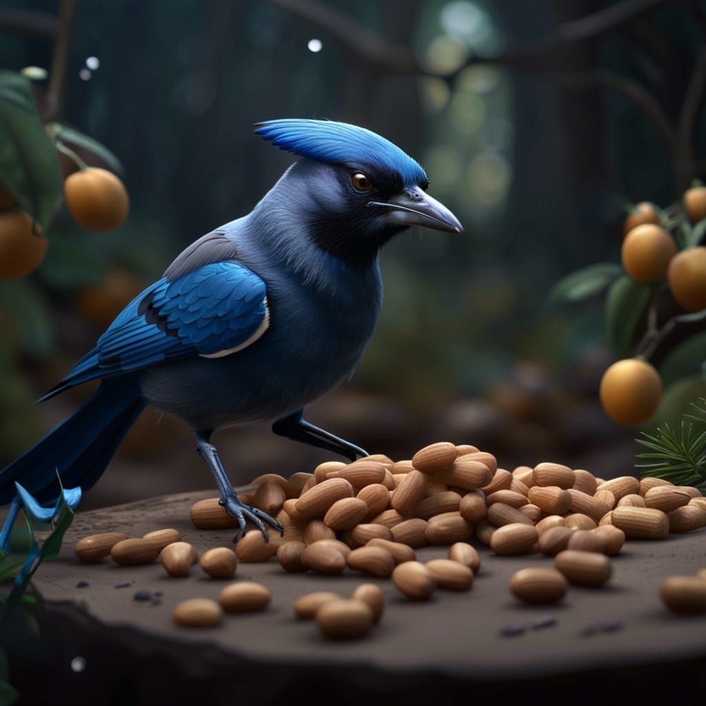 Stellar's Jay Eating Peanuts: Detailed Matte Painting