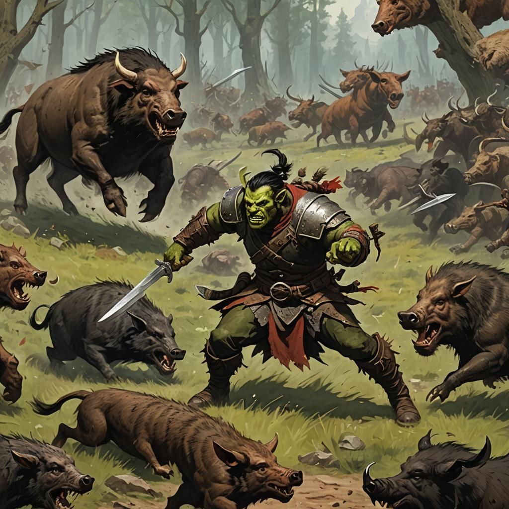Half orc fighting a wild boar