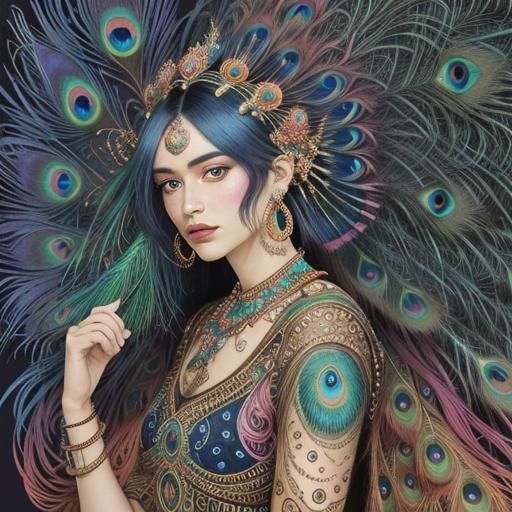 Peacock Woman Portrait in Klimt-Escher Style