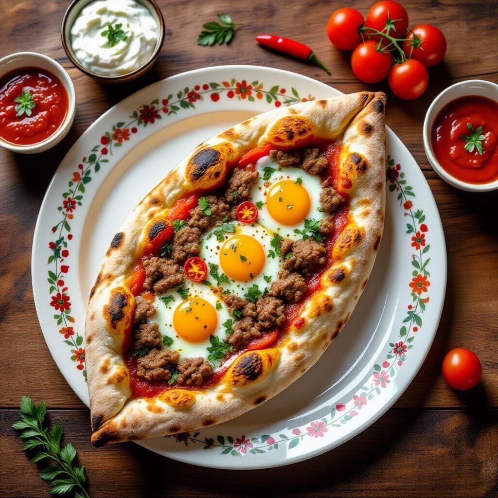 Delicious Turkish Pide with Meat, Cheese, and Herbs