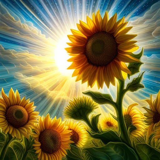Sunflowers with Sunrays in Double Exposure Mixed Media