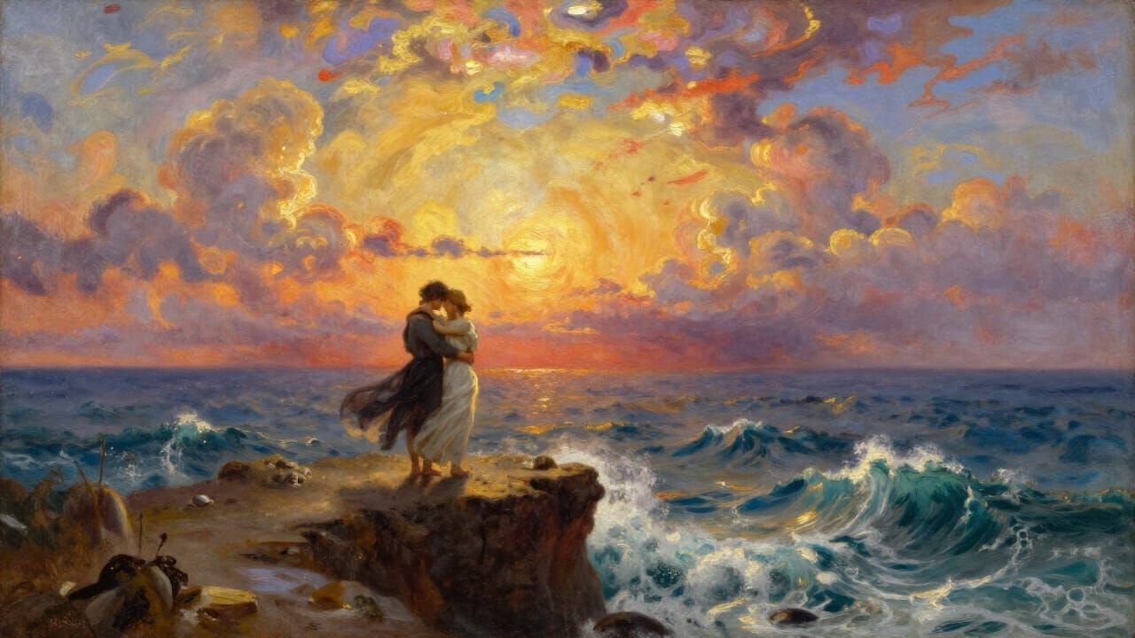 Mythic Romance: Lovers Embrace as Ocean Meets Sky