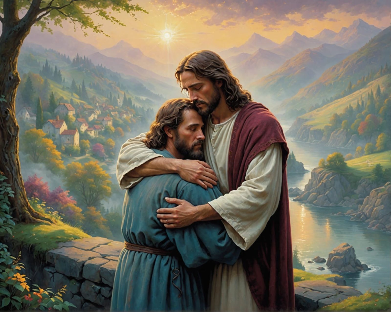 Jesus Comforts a Man in Oil Painting Style