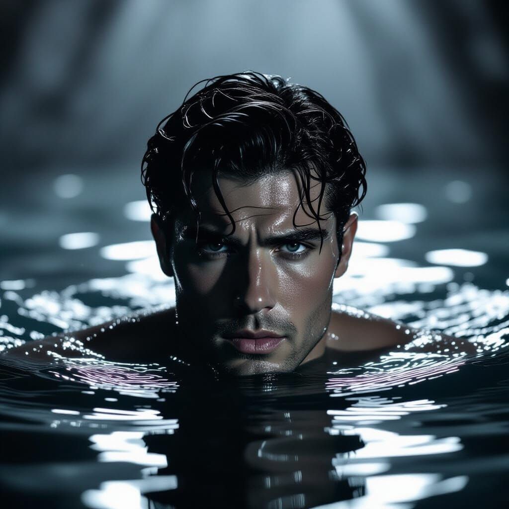 Cinematic Black & White Portrait: Person Emerging from Water