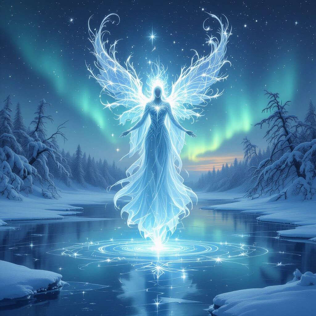 Ethereal Spirit Guide Over Frozen Lake in Winter Wonderland