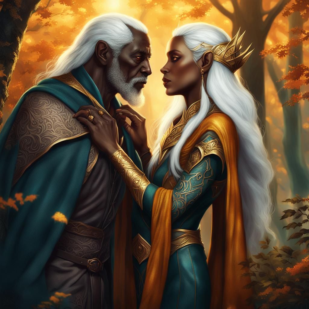 Elf Queen and Mage in Mystical Forest, Digital Art
