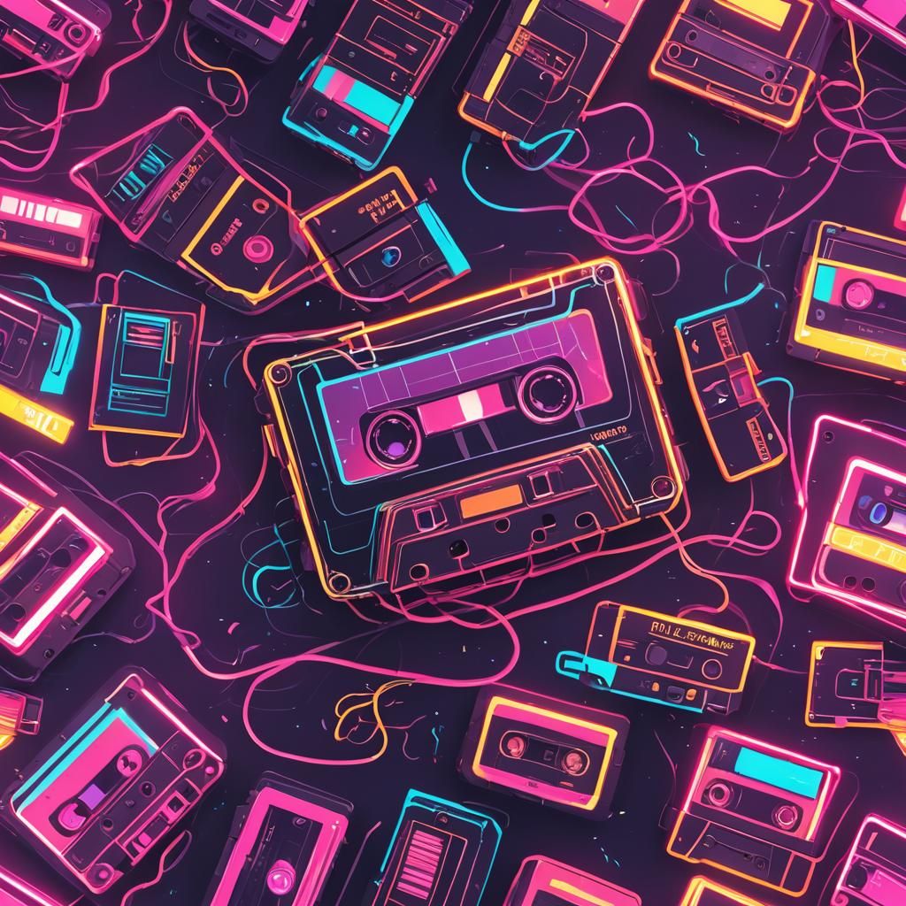 Synthwave Music Cassette and Walkman in Neon Retro Style