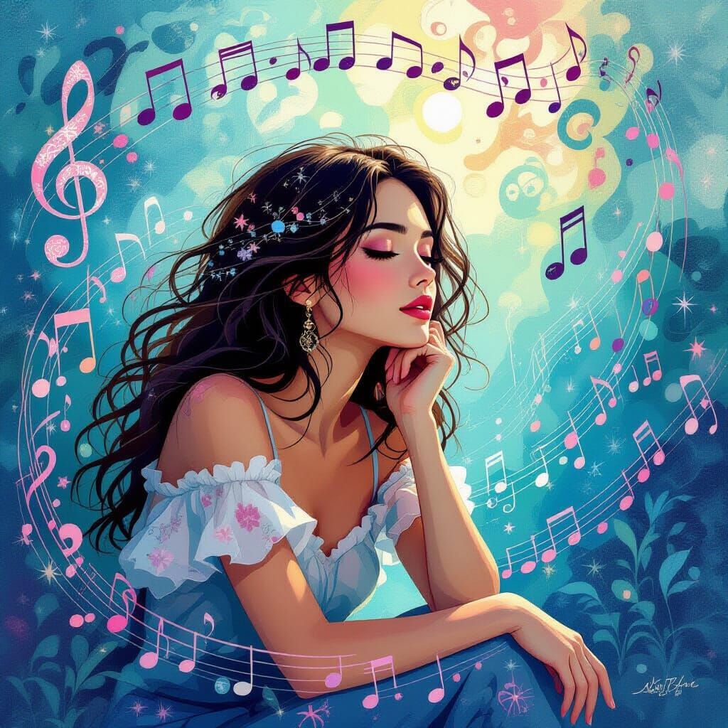 Woman Surrounded by Music in Dreamlike Whimsical Style