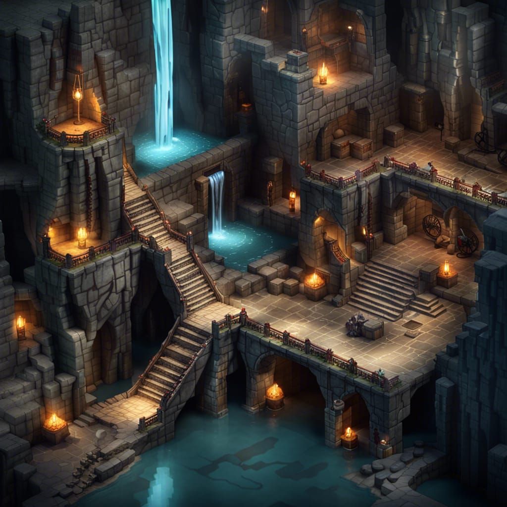 Detailed Multi-Level Dungeon with Waterfall