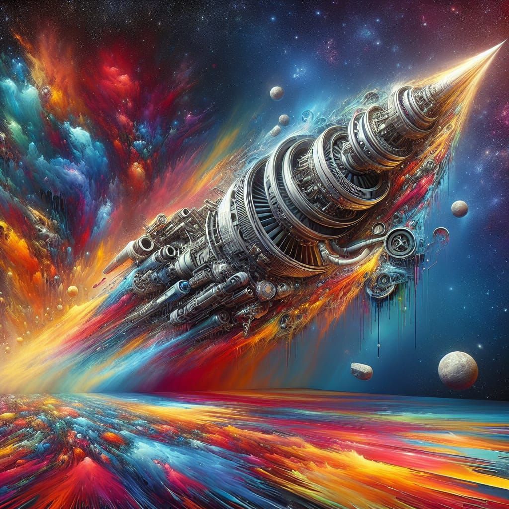 Quantum Drive Engine Rockets Through Cosmos as Street Art