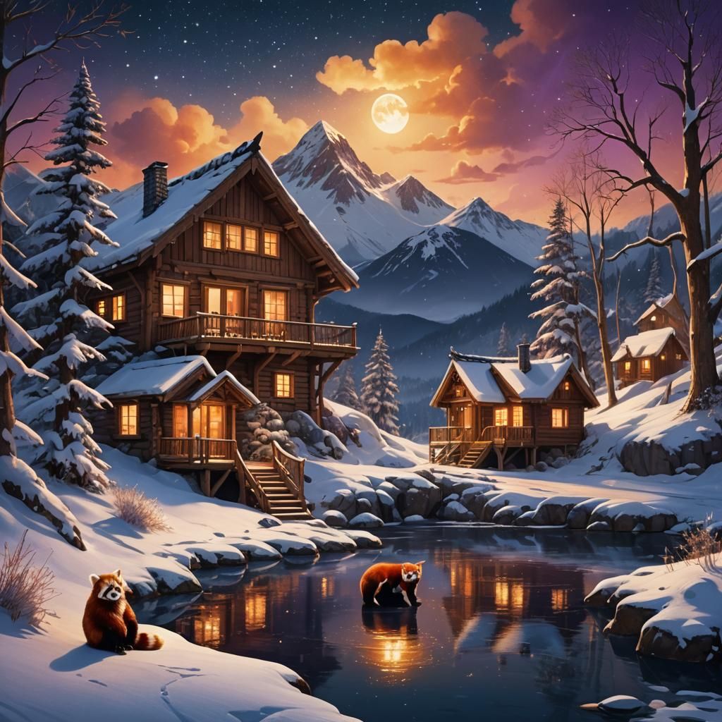 Red Pandas at Mountain Cabin, Digital Matte Painting