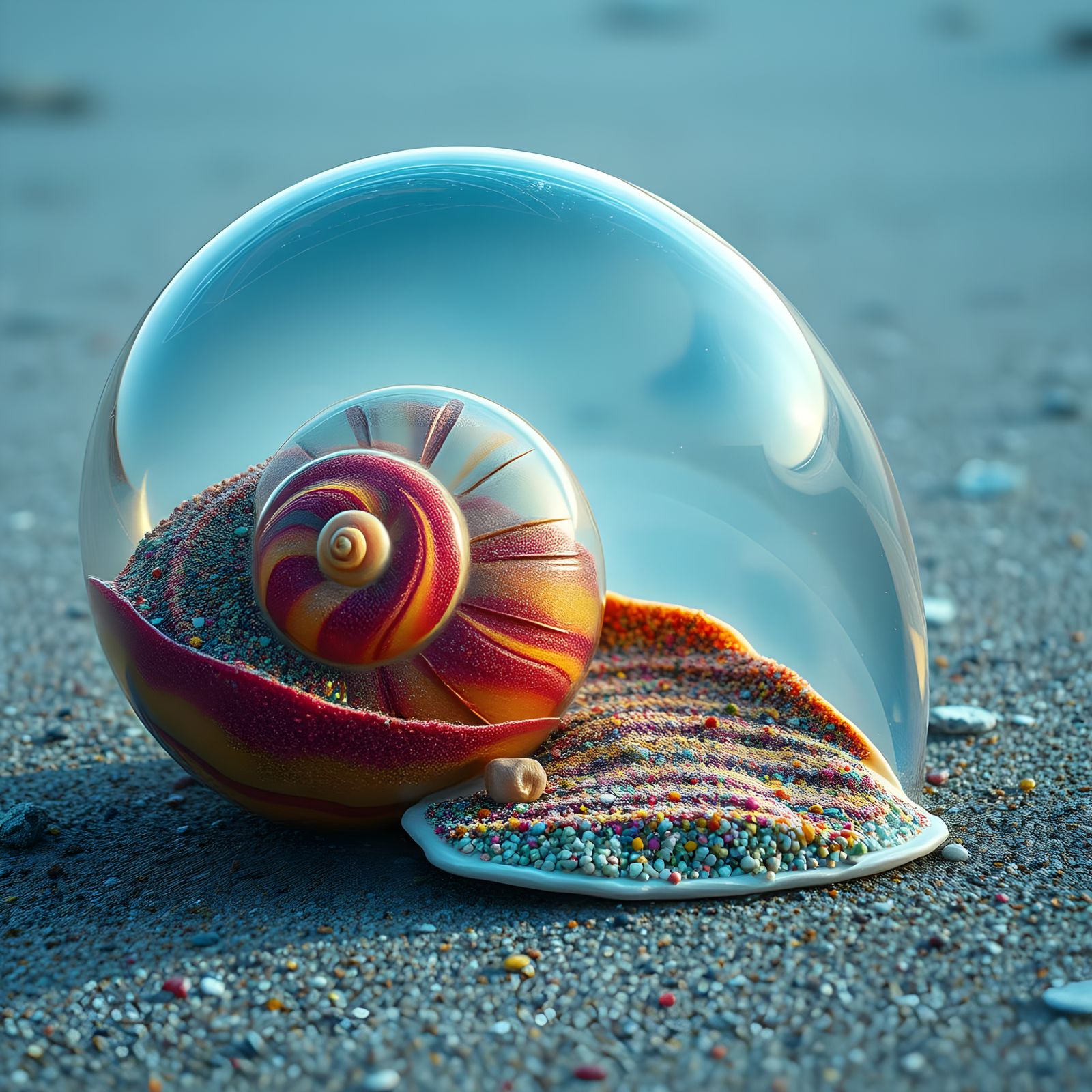 Giant Transparent Snail Shell as Surreal Beach Scene