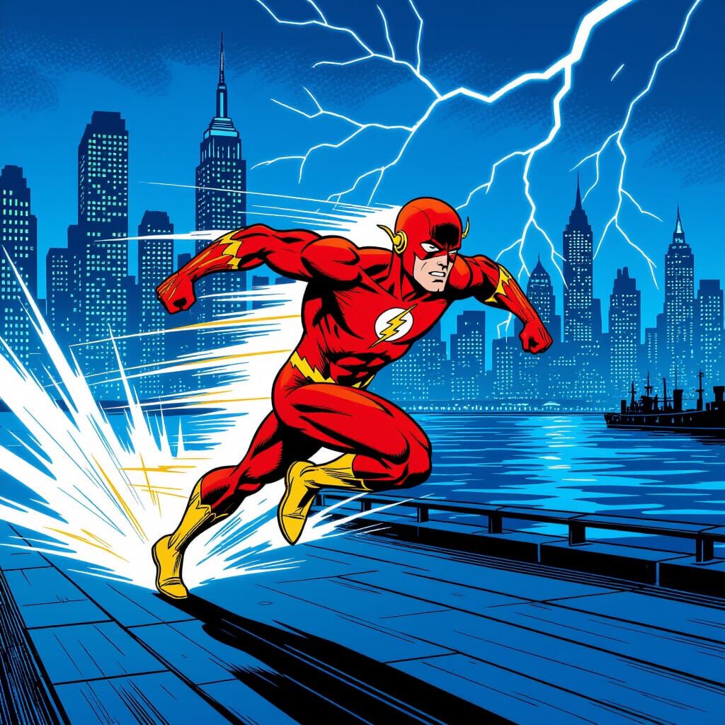 The Flash Races Over Gotham Harbor in Comic Style