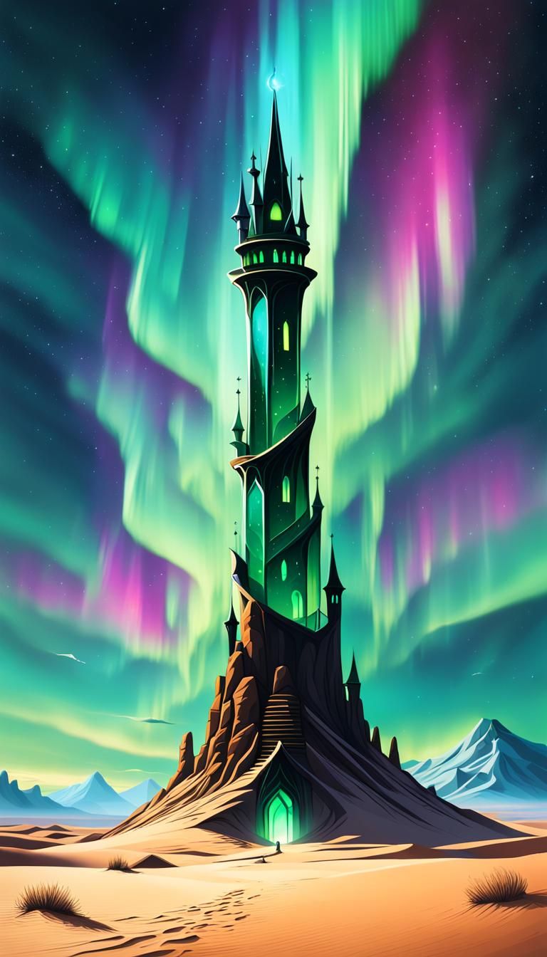 Glass Mage Tower in Desert Under Aurora Skies