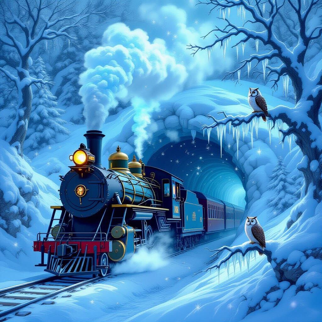 Magical Steam Train Approaches Surreal Tunnel in Snowy Fanta...
