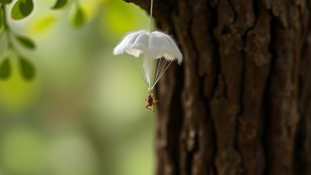 Tiny Cricket Soars Down from Tree on Feather Parachute