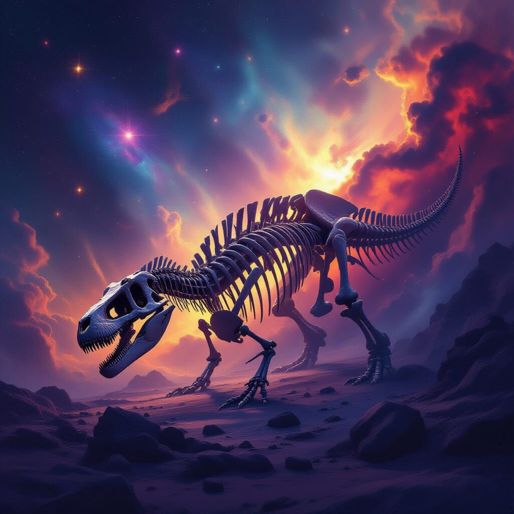 Ancient Dinosaur Skeleton in Vibrant Nebula