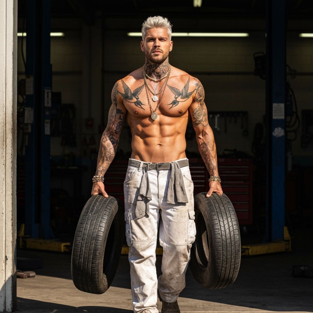 Muscular Man Emerges from Auto Repair Shop