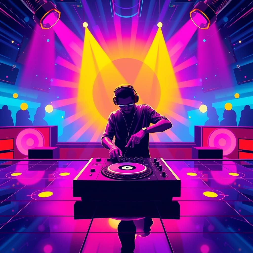 Vibrant DJ in Neon Dance Floor Scene, Rendered in Pop Art Di...