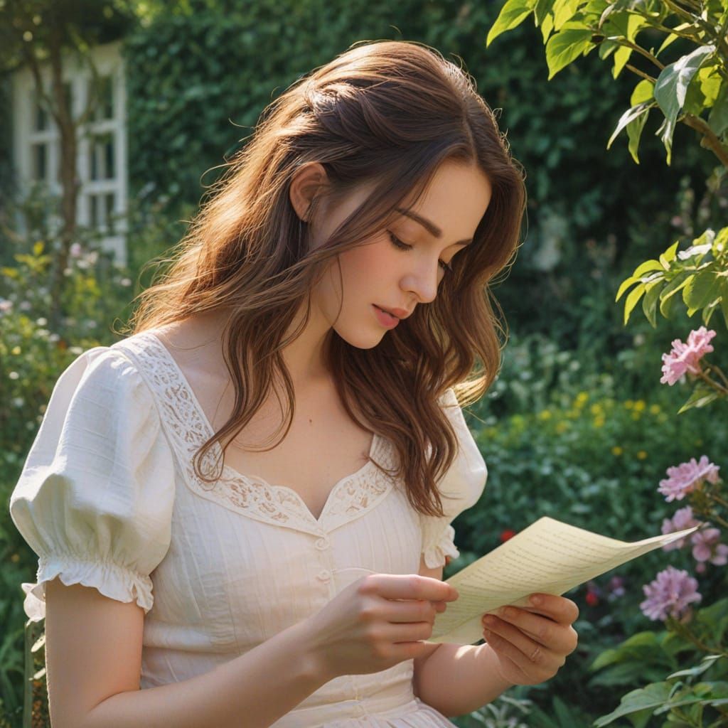 Woman Reads Letter in Garden: Watercolor Painting
