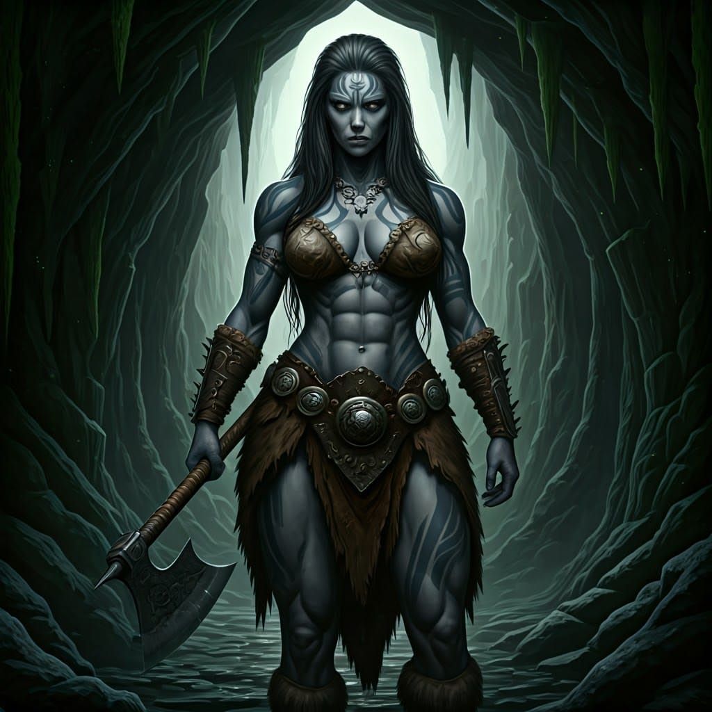 Cyberpunk Warrior Goddess in Dark, Mystical Realm