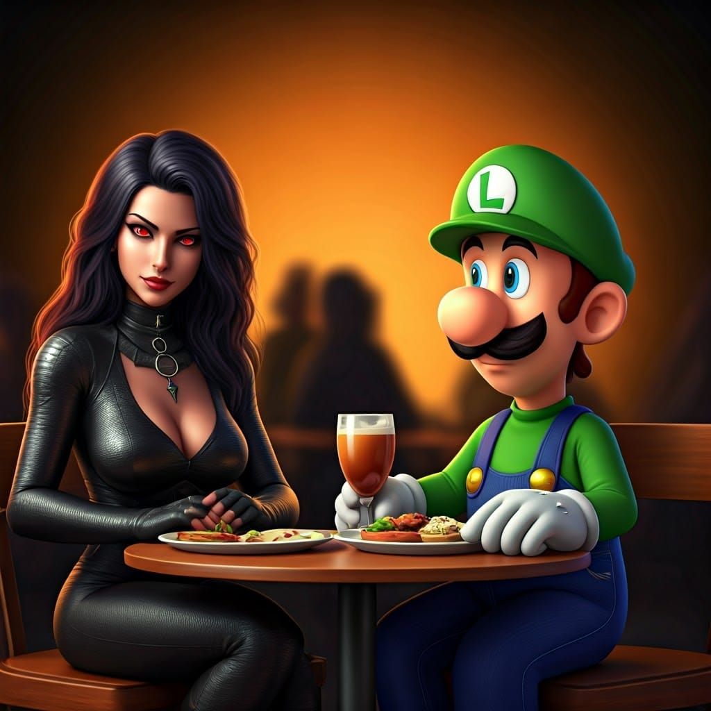 Woman and Luigi at Starbucks in 3D Digital Art