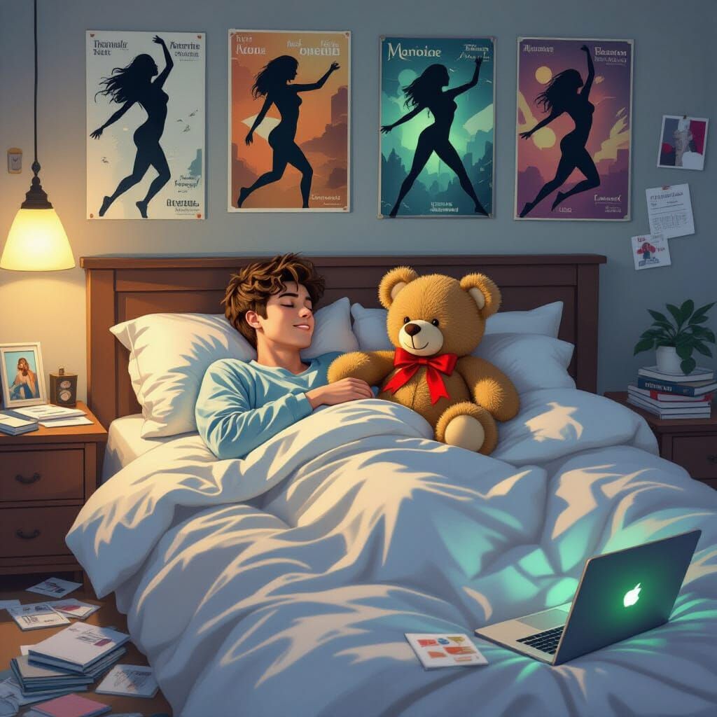 Teddy Bear Tucking Man in Bed, Digital Painting