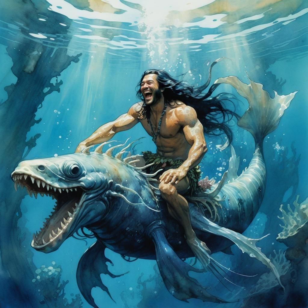 Hawaiian Man Riding Luminous Creature: Watercolor Illustrati...