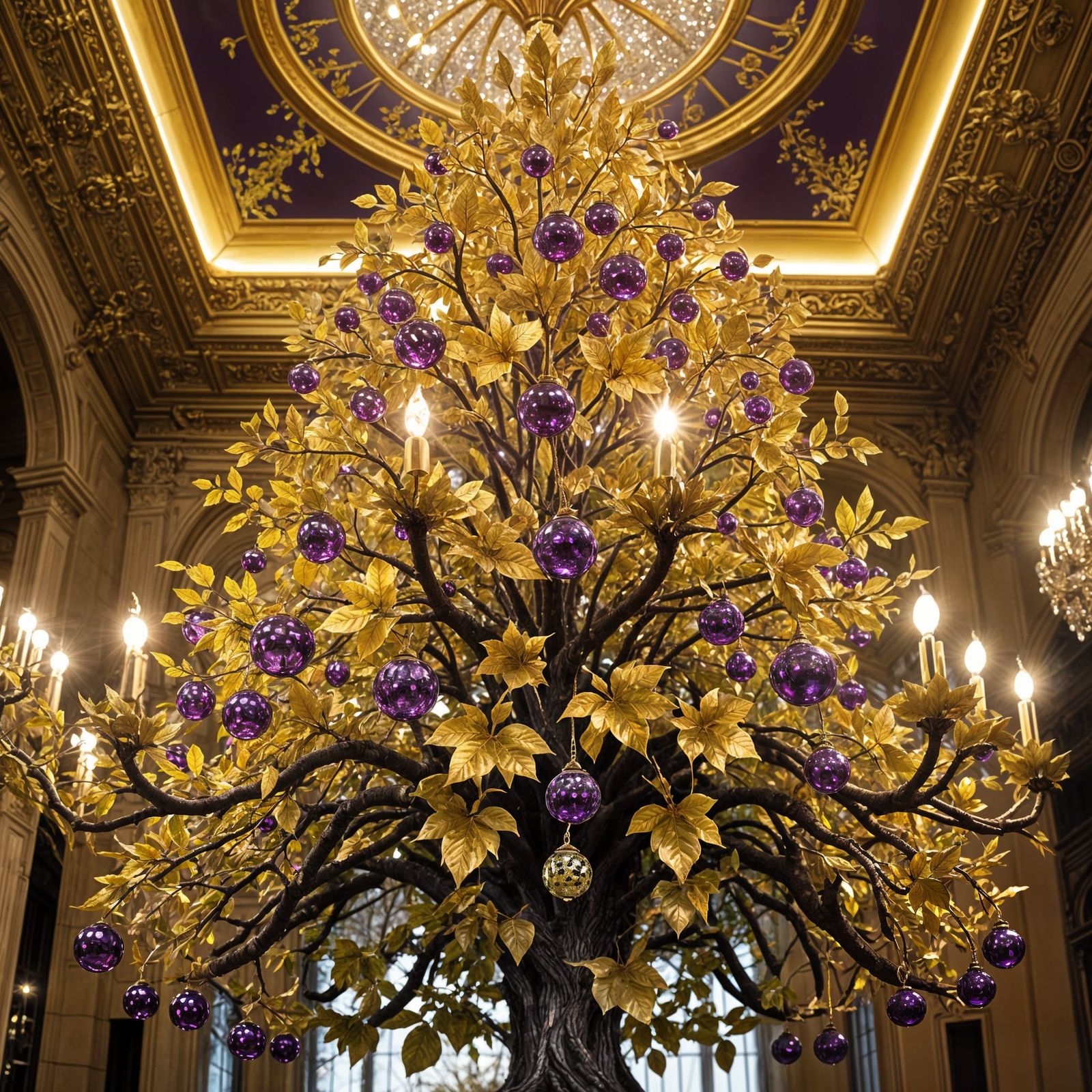Golden Tree with Metallic Leaves and Crystal Fruits