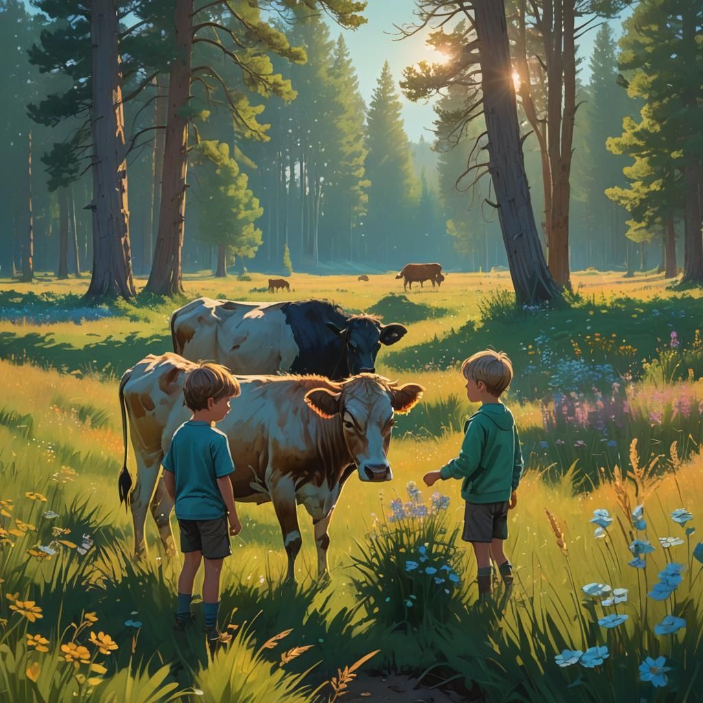 Boy and Calf in Sunlit Meadow: Fantasy Realism