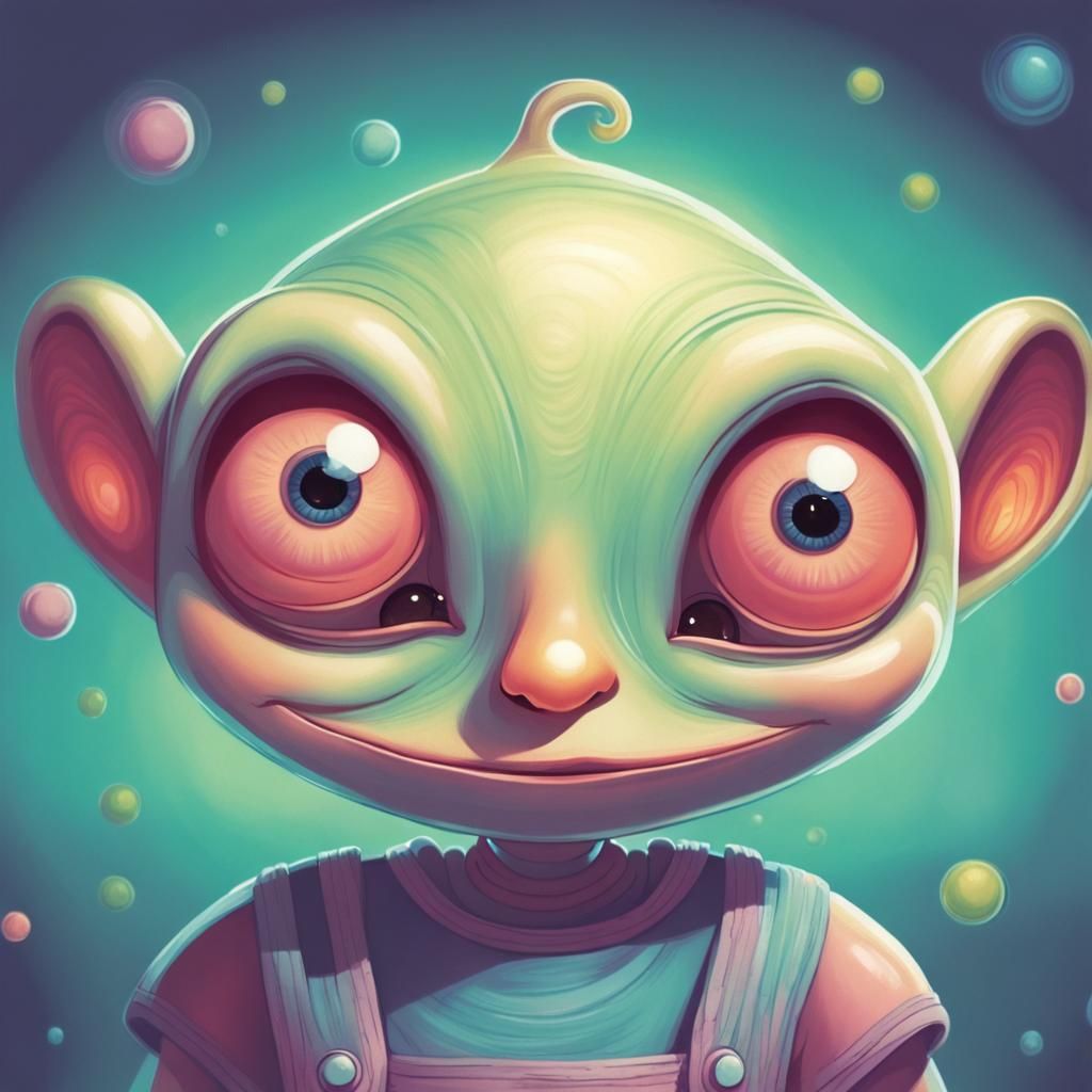 Girl and Alien: Whimsical Cartoon Illustration