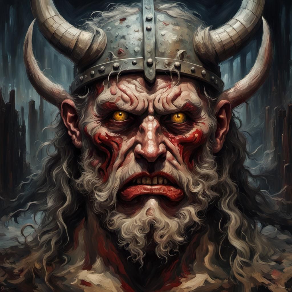 Grotesque Viking Cannibal Face in Gothic Impressionist Style