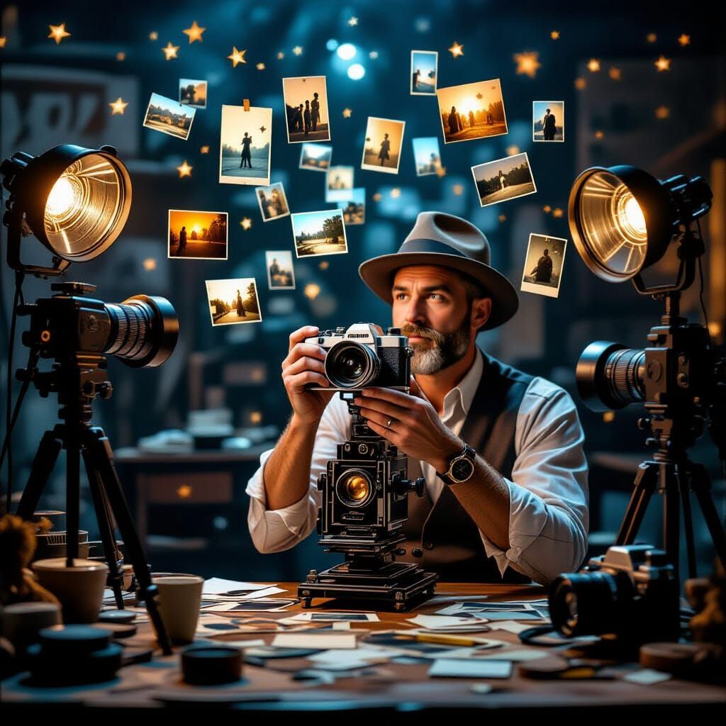 Photographer in Studio with Floating Snapshots