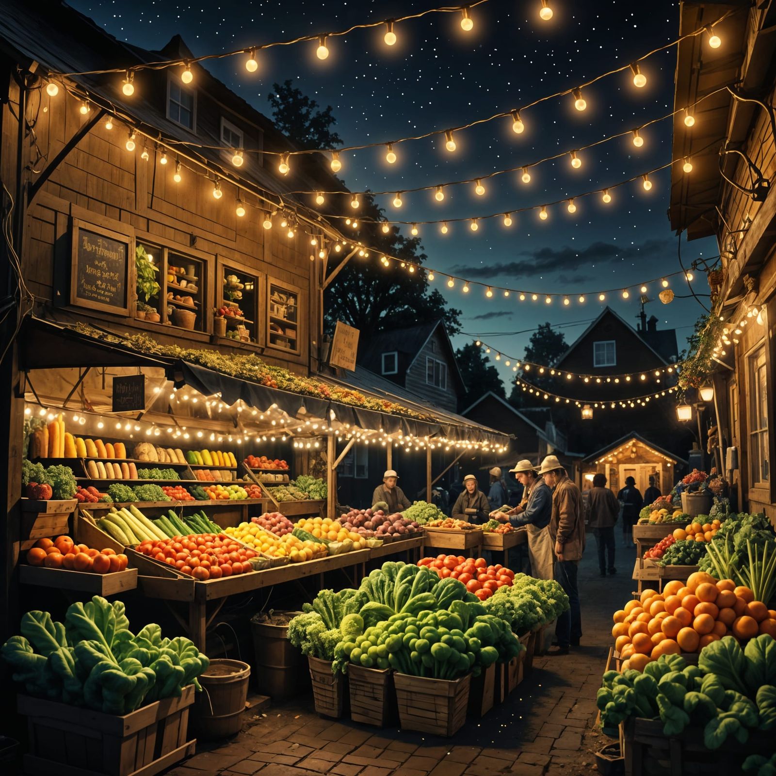 Nighttime Vegetable Stand in Digital Painting Style