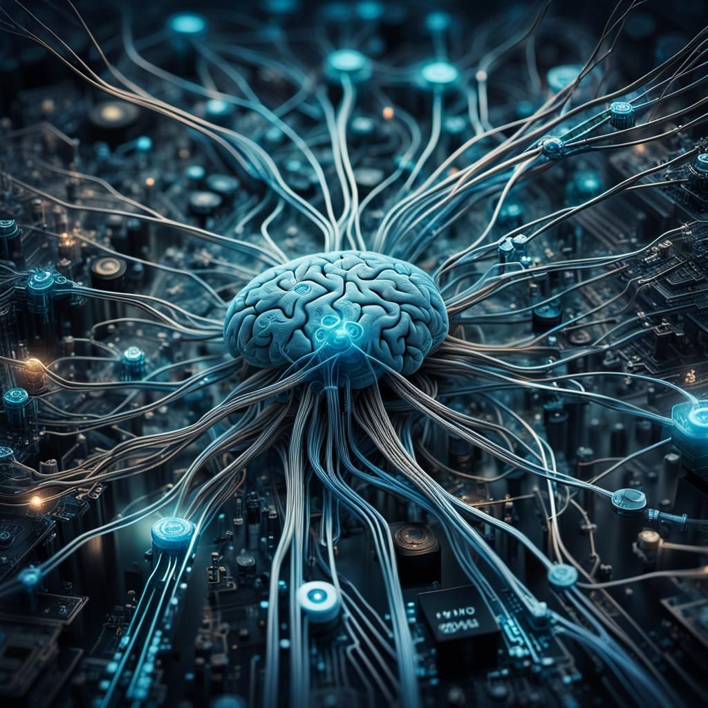 Brain Cell Network with Digital Symbols in Double Exposure